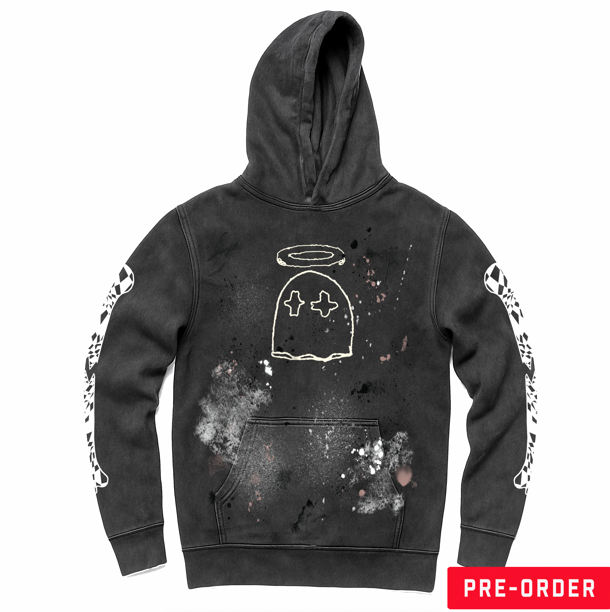 Black hoodie with graphic design on a white background