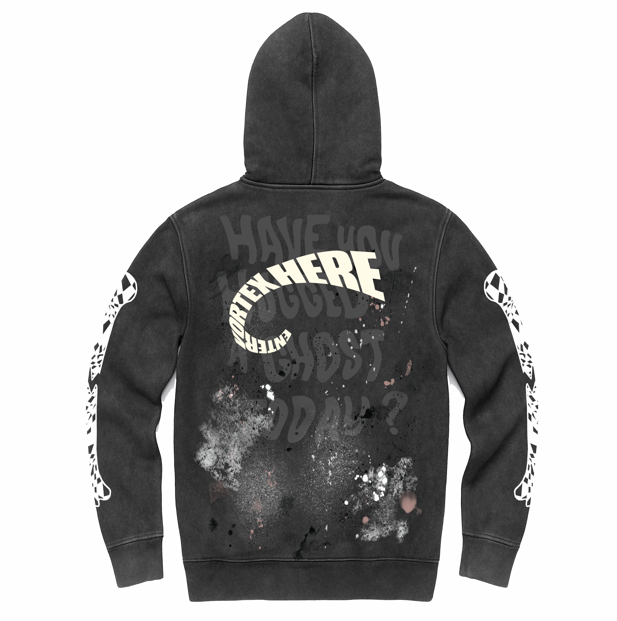 Black hoodie with text and graphic design on the back, on a white background
